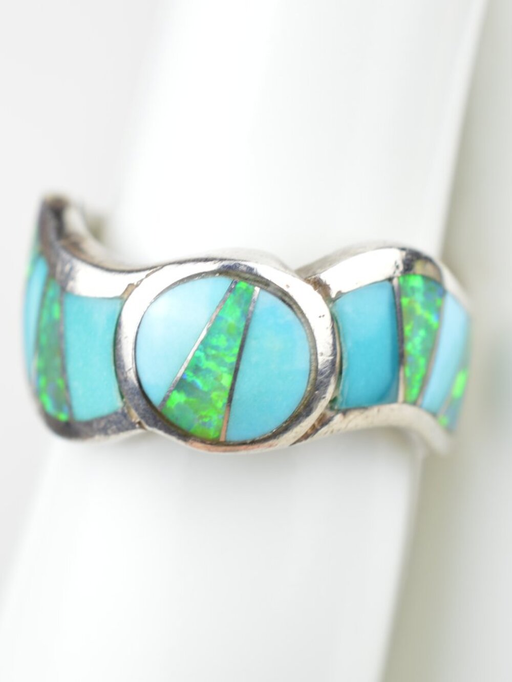 Stoneweaver Cecil Ashley Navajo Silver Turquoise Opal Inlay Ring Size 4 - 4.9g